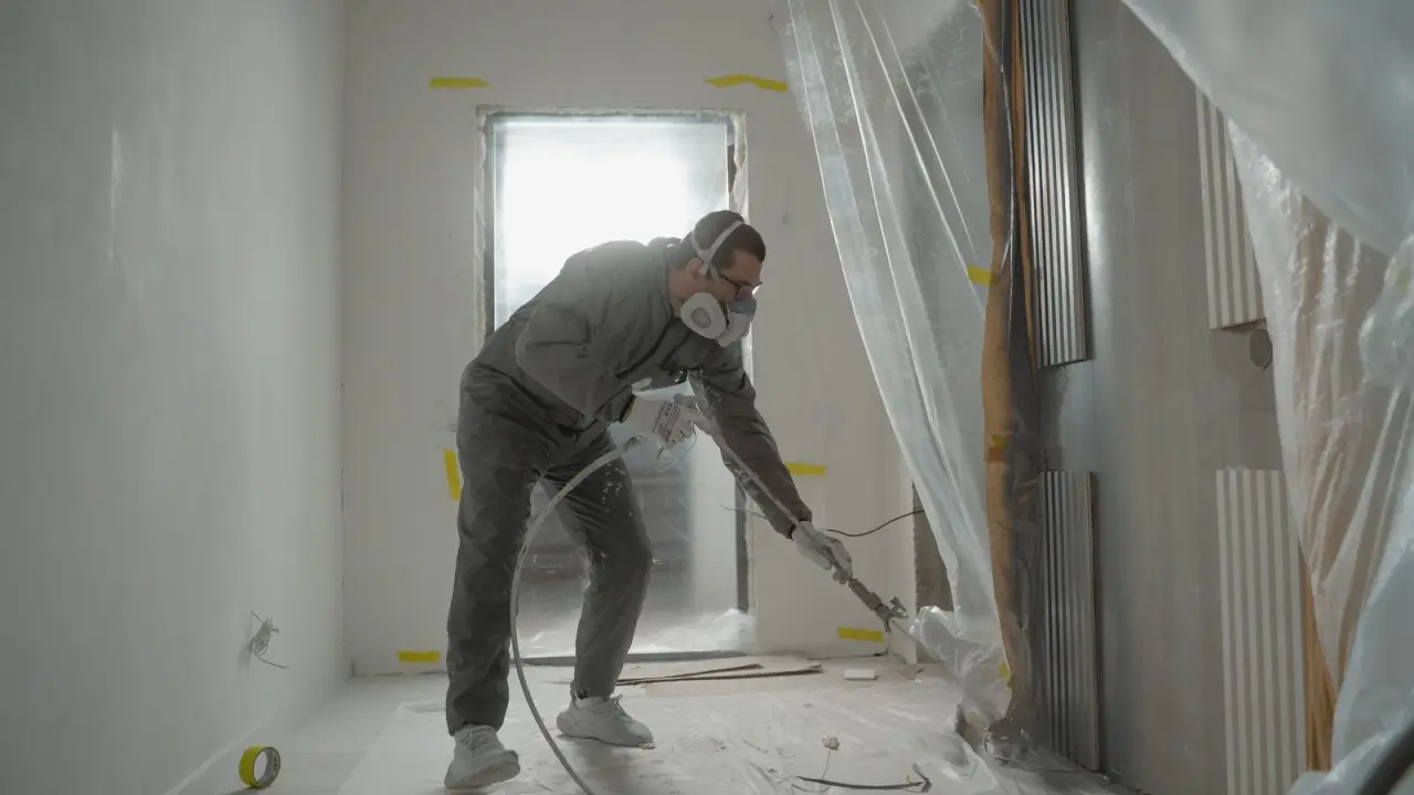 Application de peinture au pistolet dans une piece protegee par des baches